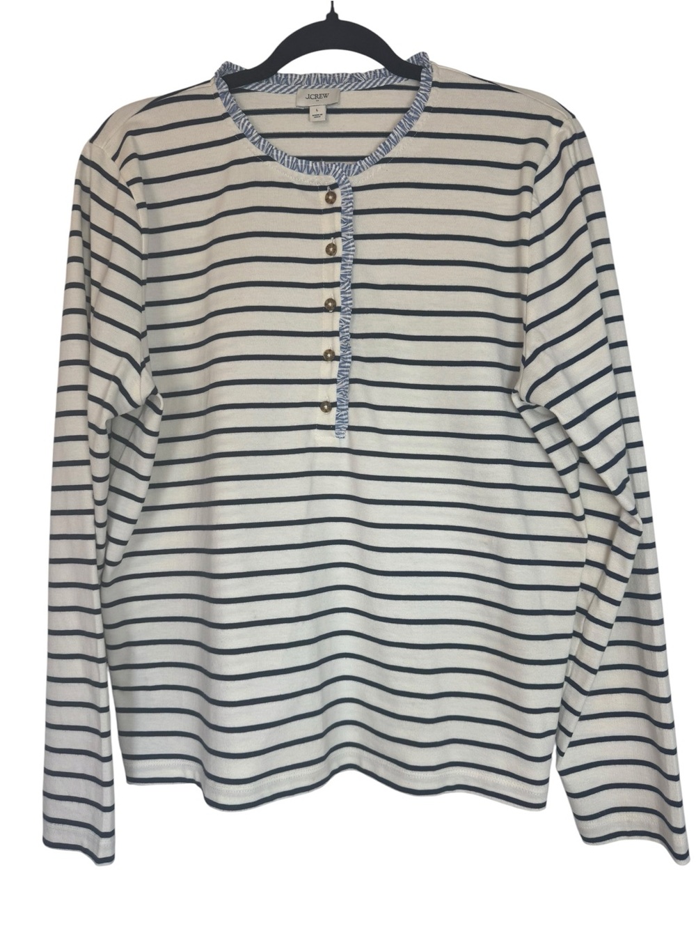 J. Crew Navy and White Striped Ruffleneck Long Sleeve Medium Henley
